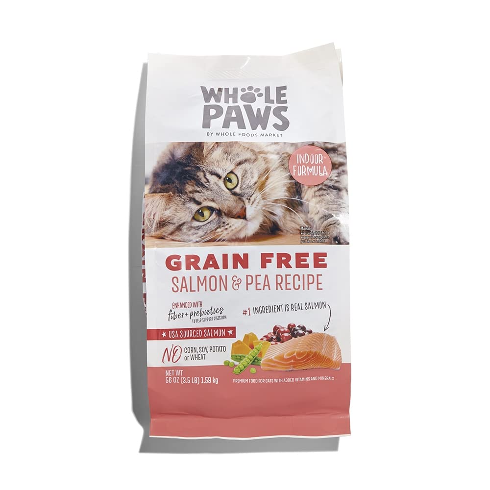 Whole Paws, Grain-Free Dry Cat Food, Salmon & Pea Recipe, Enhanced With Fiber & Prebiotics, Indoor Formula, 3.5 Lb