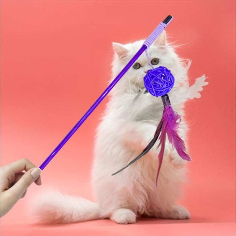 Bohobark 1Pc Cat Toys With Bell, Pet Kitten Toy Teaser Stick Ball Colorful Feather Play Toy Kitty Interactive Toy