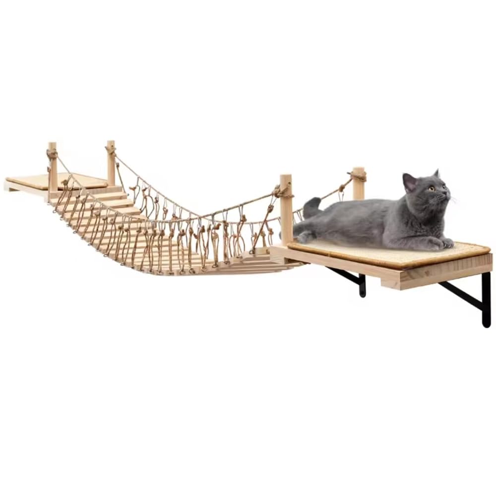A.Fati Wall-Mounted Cat Roped Bridge Long For Indoor Cats, Cat Wall Shelves For Sleeping, Playing, Climbing, Wooden Cats Bed And