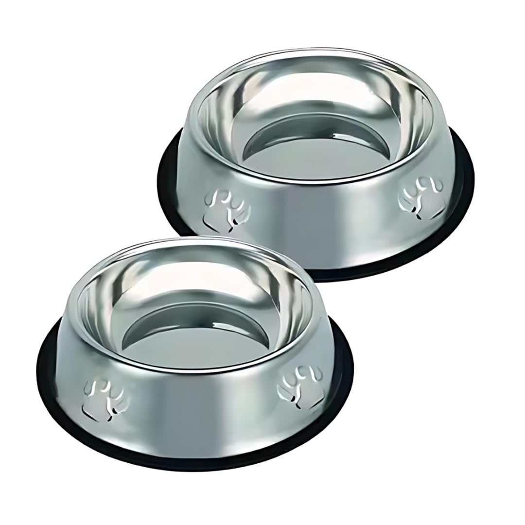 Pet Fun Paw Print Design Stainless Steel Dog & Cat Feeding Bowl | NonSkid Rubber Base | RustResistant Dishwasher Safe Pet Food