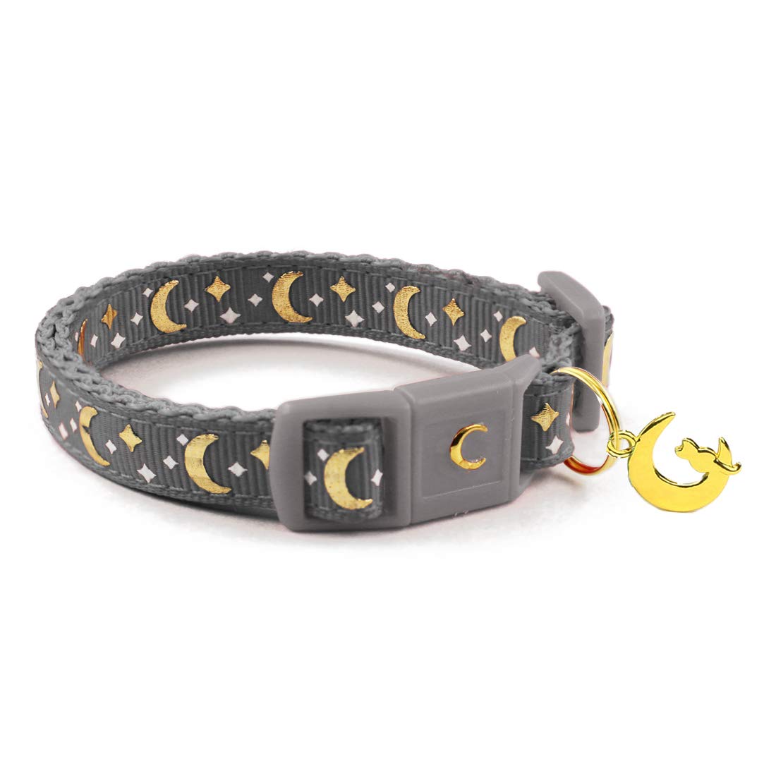 Waaag Cat Collars, Gold Moons And Stars Cat Collar, Safety Breakaway Cat Collar, Glow In The Dark (Standard 9''-15'' Neck, Grey)