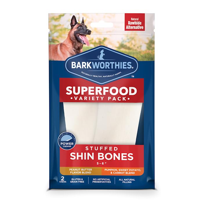 Barkworthies 5-6 Inch Stuffed Shin Bones Variety - 2 Count (Pack Of 1) - Multiple Flavors, Savory Snack For Canines