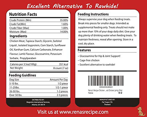 Renas Recipe Chicken Fillet Sticks (8 Count) Rawhide Free Chicken Fillet Wrapped Chews with Glucosamine for Joint Health