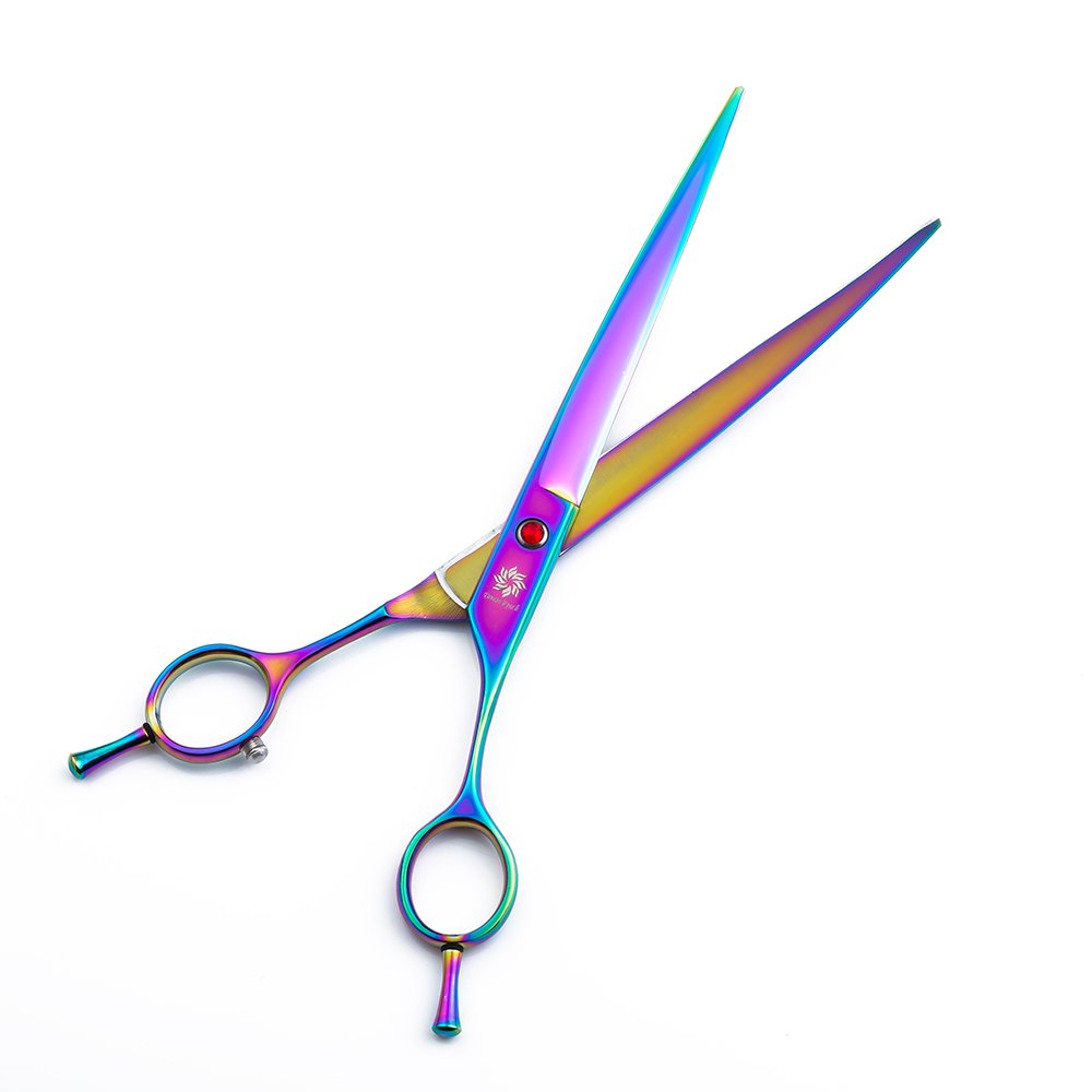 Dream Reach 8.0 Inch Twin Tailed Rainbow Curved Blade Pet Grooming Scissors Dog Hair Cutting Shears With Case