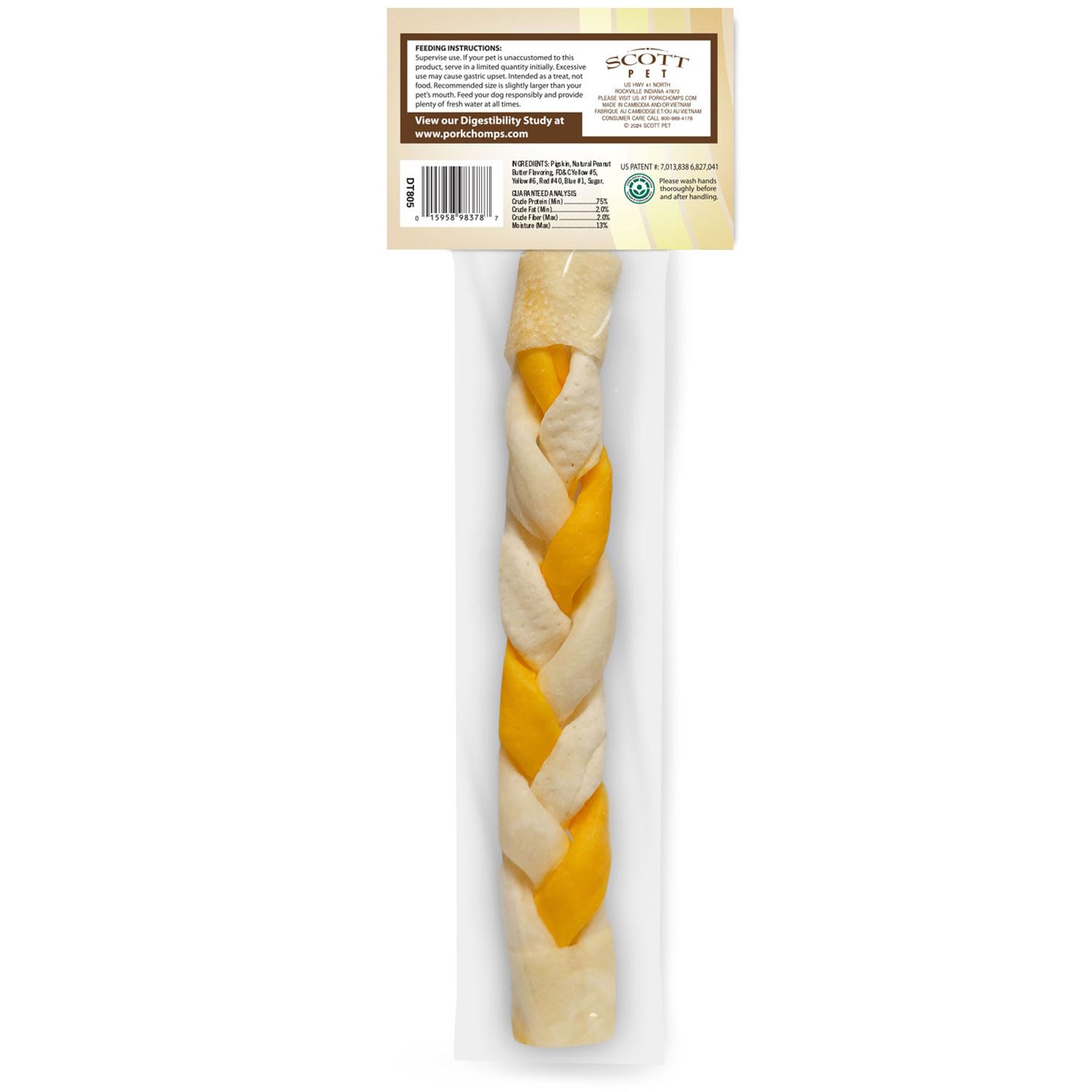 Pork Chomps Roasted Pork Skin Dog Chew, 8-inch Braid, Peanut Butter Flavor, 1 Count