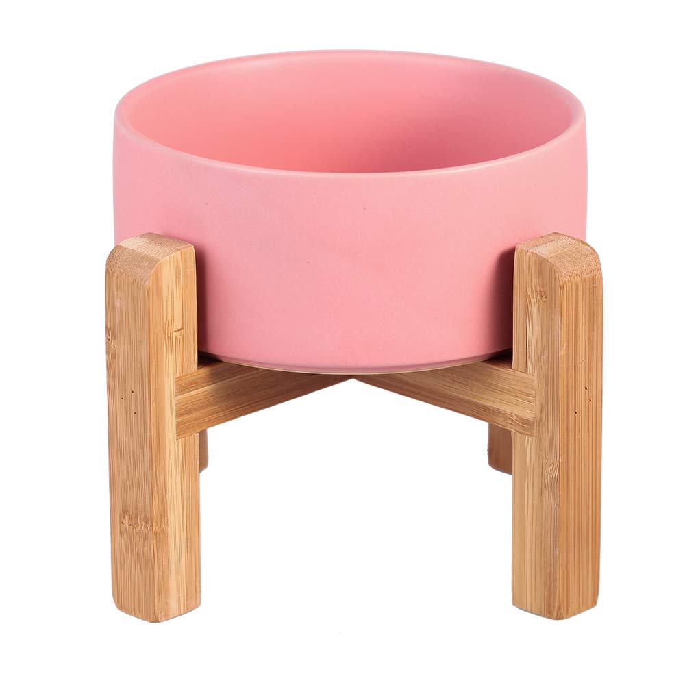 Pink Ceramic Elevated Raised Cat Bowl with Wood Stand No Spill Pet Food Water Feeder Cats Small Dogs