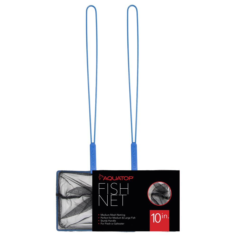 Aquatop 10-Inch Medium Mesh Aquarium Fish Net With 14.5-Inch Blue Long Handle - Durable & Safe For Freshwater And Saltwater Fish
