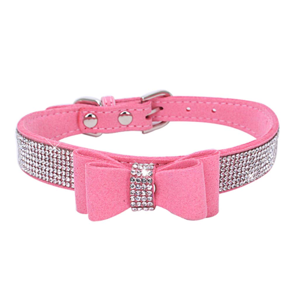 Dogs Kingdom 10'-24' Length Cute Pet Dog Velvet Bow Tie Collar Puppy Cat Full Crystal Rhinestone Necklace Adjustable,Pink,Xs