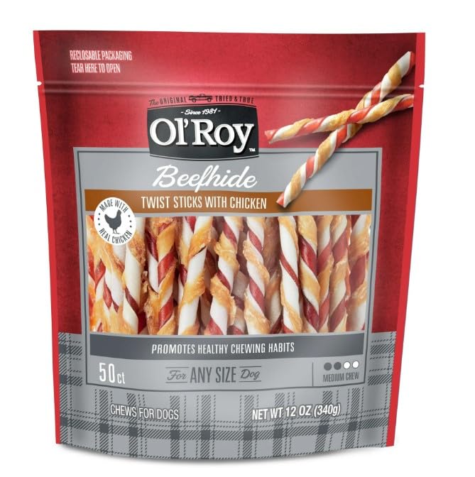 OlRoy Rawhide Dog Treats, Chicken Flavor Sticks, 5 inch, 50 Count Pack 1