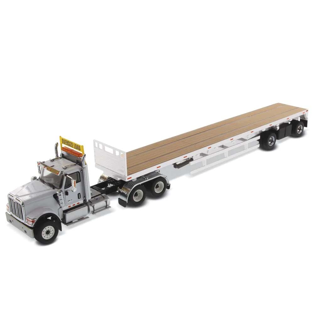 International HX520 Tandem Tractor Light Gray with 53 Flat Bed Trailer Transport Series 1/50 Diecast Model by Diecast Masters