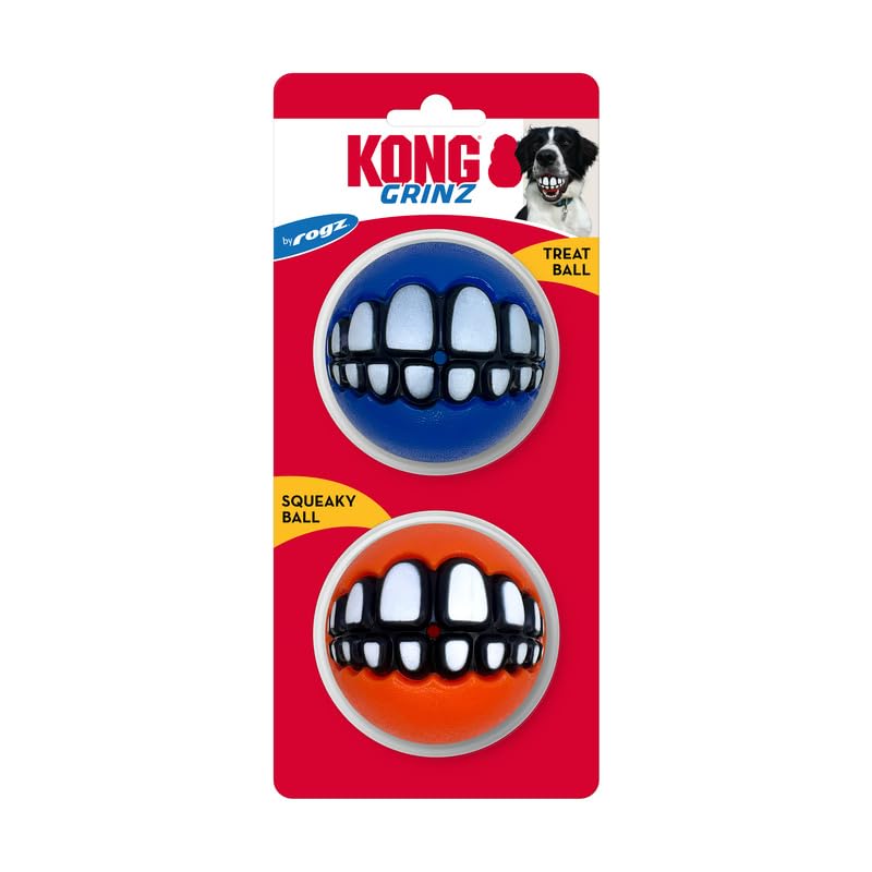Kong Grinz By Rogz Variety Packs - Durable Bouncy Balls With Grinz Teeth (Large 2 Pack)