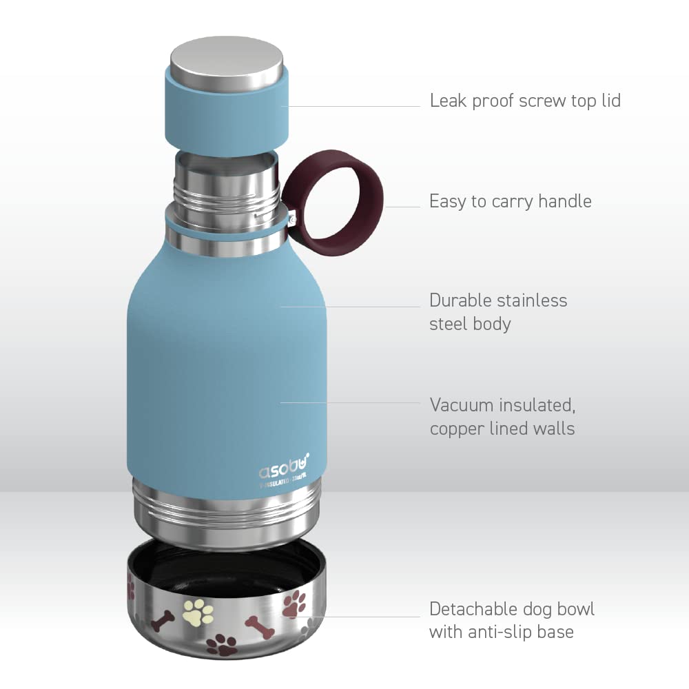Asobu Dog Bowl Attached to Stainless Steel Insulated Travel Bottle for Human 37oz/1.1 Liter (Blue)