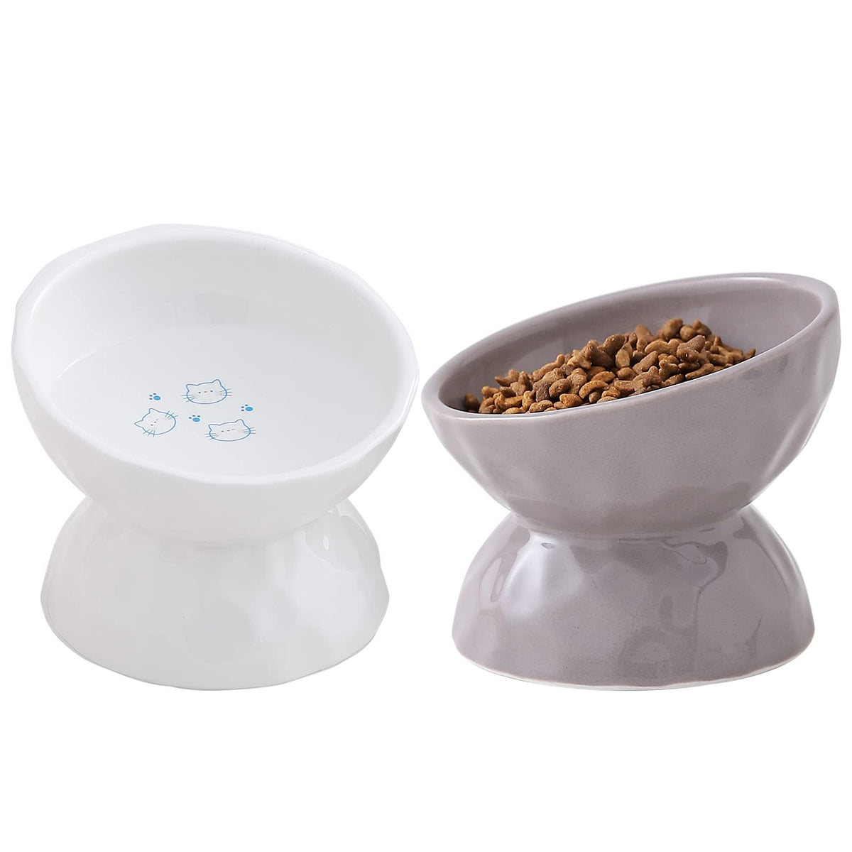 Aomryom Raised Cat Food Bowl, Ceramic Elevated Tilted Cat Bowls For Food And Water, Pet Bowl Dish Set For Cats And Small Dogs, Protect Cat'S Spine, White & Grey, Set Of 2