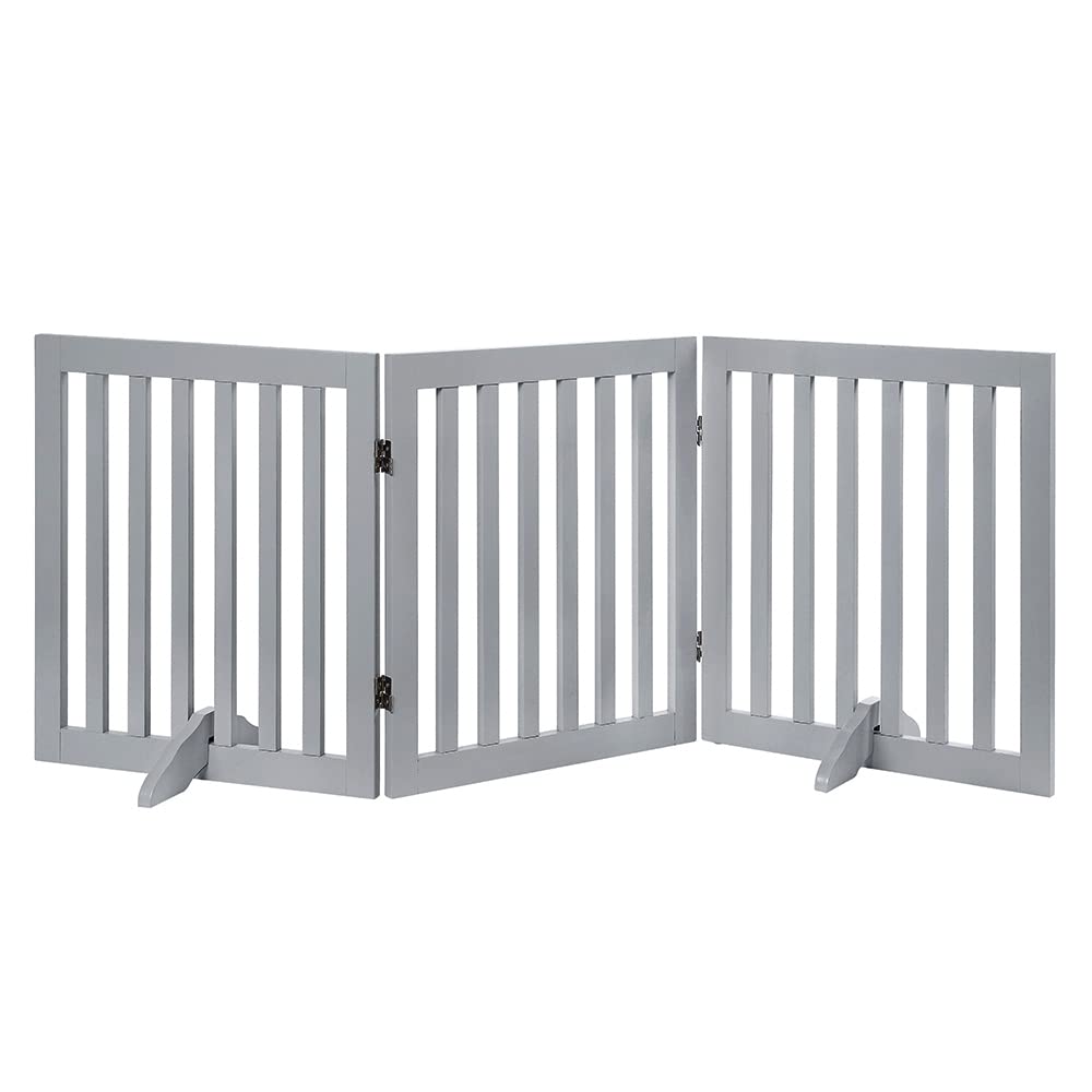 Unipaws Freestanding Wooden Pet Gate For Dog And Cat, 24' H And 36' H Foldable Dog Gate With 2Pcs Support Feet For Doorway, Halls, Stairs, Grey, Indoor Use