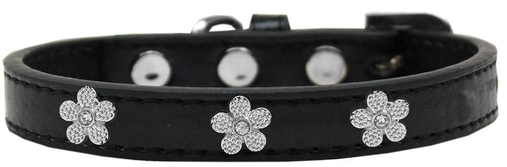 Dog, Puppy & Pet Widget Fashion Collar, Silver Flower Black 10