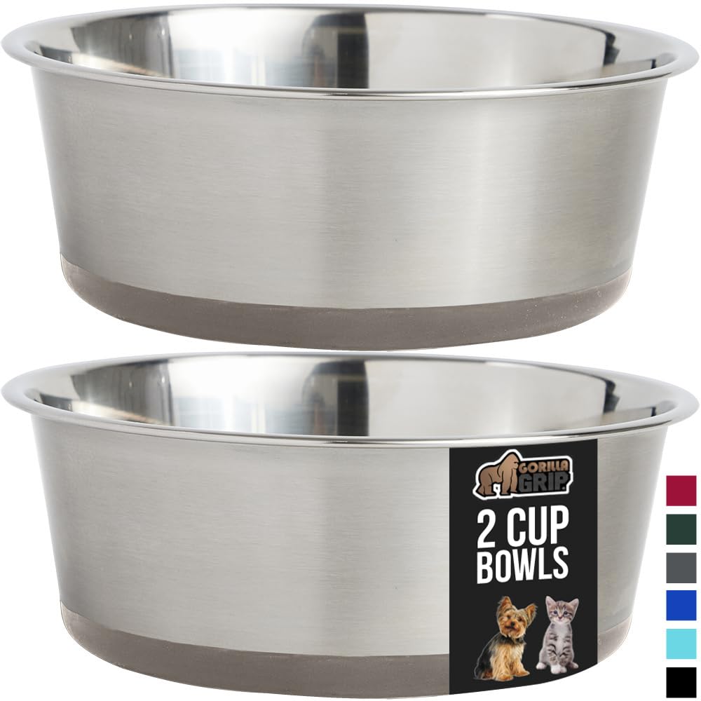 GORILLA GRIP Set of 2 Dog Bowls, Heavy Duty Metal Food and Water Bowl for Feeding Dogs and Cats, Dishwasher Safe, Rust Resistant
