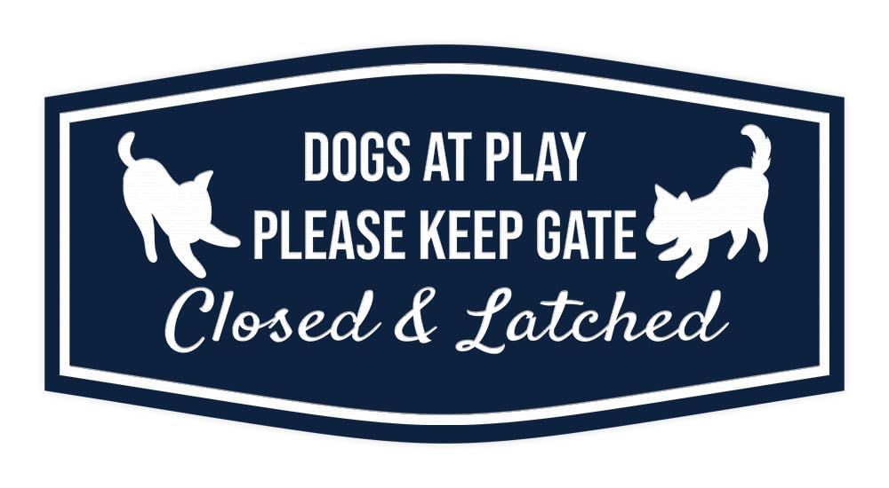 Motto Lita Fancy Paws, Dogs At Play Please Keep Gate Closed & Latched Sign (Navy Blue/White) - Large