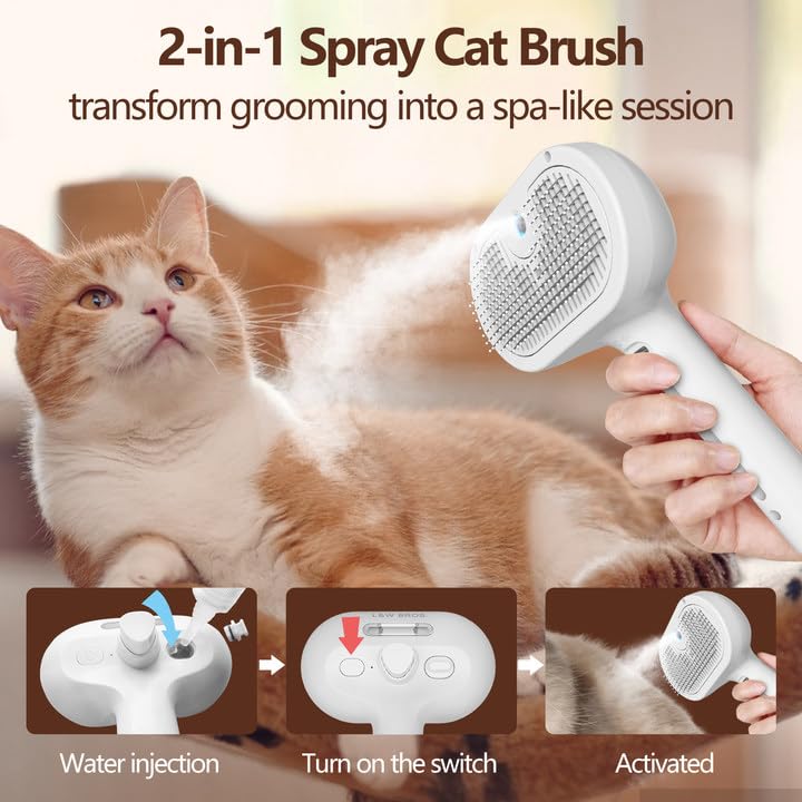 L&W BROS. Steam Grooming Brush - Self-Cleaning Pet Brush with Mist Spray for Long-Haired Cats & Small Dogs, White
