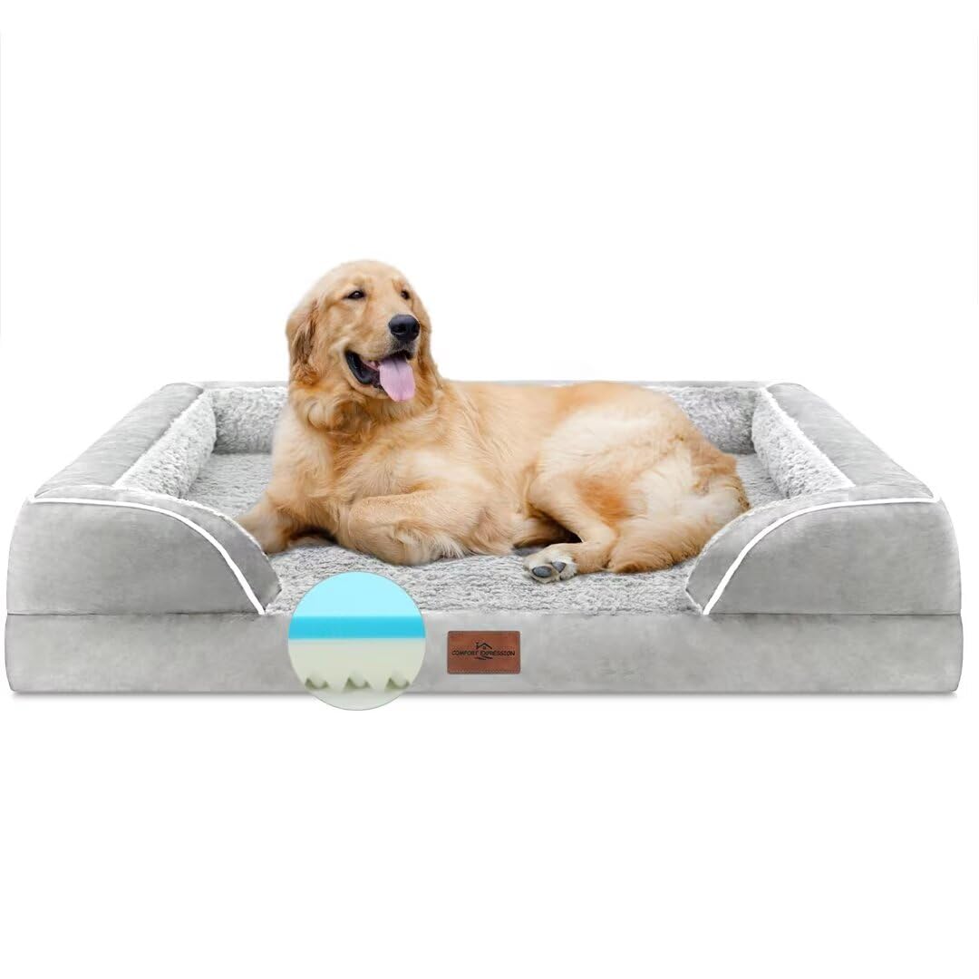 Comfort Expression Memory Foam Cooling Dog Bed, Orthopedic Dog Beds For Extra Large Dogs, Xl Dog Bed With Removable Cover, Waterproof Pet Bed Large With Bolster(X-Large,Light Grey)