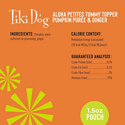 Tiki Dog Single-Serve Tummy Topper, Grain-Free Pumpkin Pur  e with Ginger for Sensitive Stomachs, 1.5oz Pouches (Pack of 12)