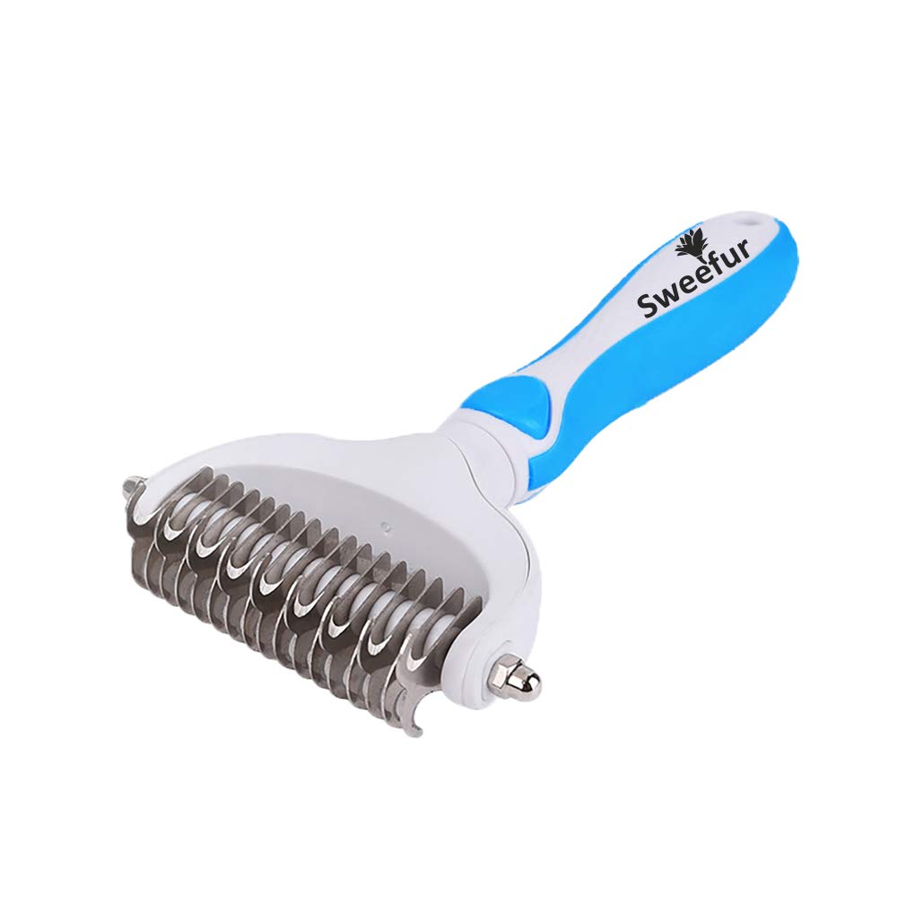 Sweefur Pet Grooming Comb- 2 Sided Undercoat Rake For Dogs & Cats- Professional Teeth Pet Brush For Shedding And Remove Mats & Tangles- Grooming Rake Tool For All Pet Sizes- Blue
