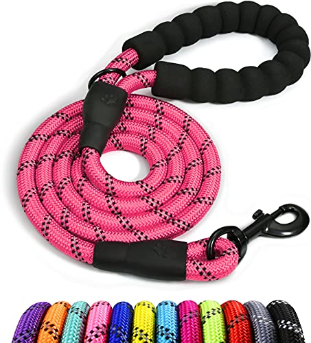 Taglory Rope Dog Leash 5 Ft With Comfortable Padded Handle, Highly Reflective Threads Dog Leash For Medium Dogs, 3/8 Inch, Pink