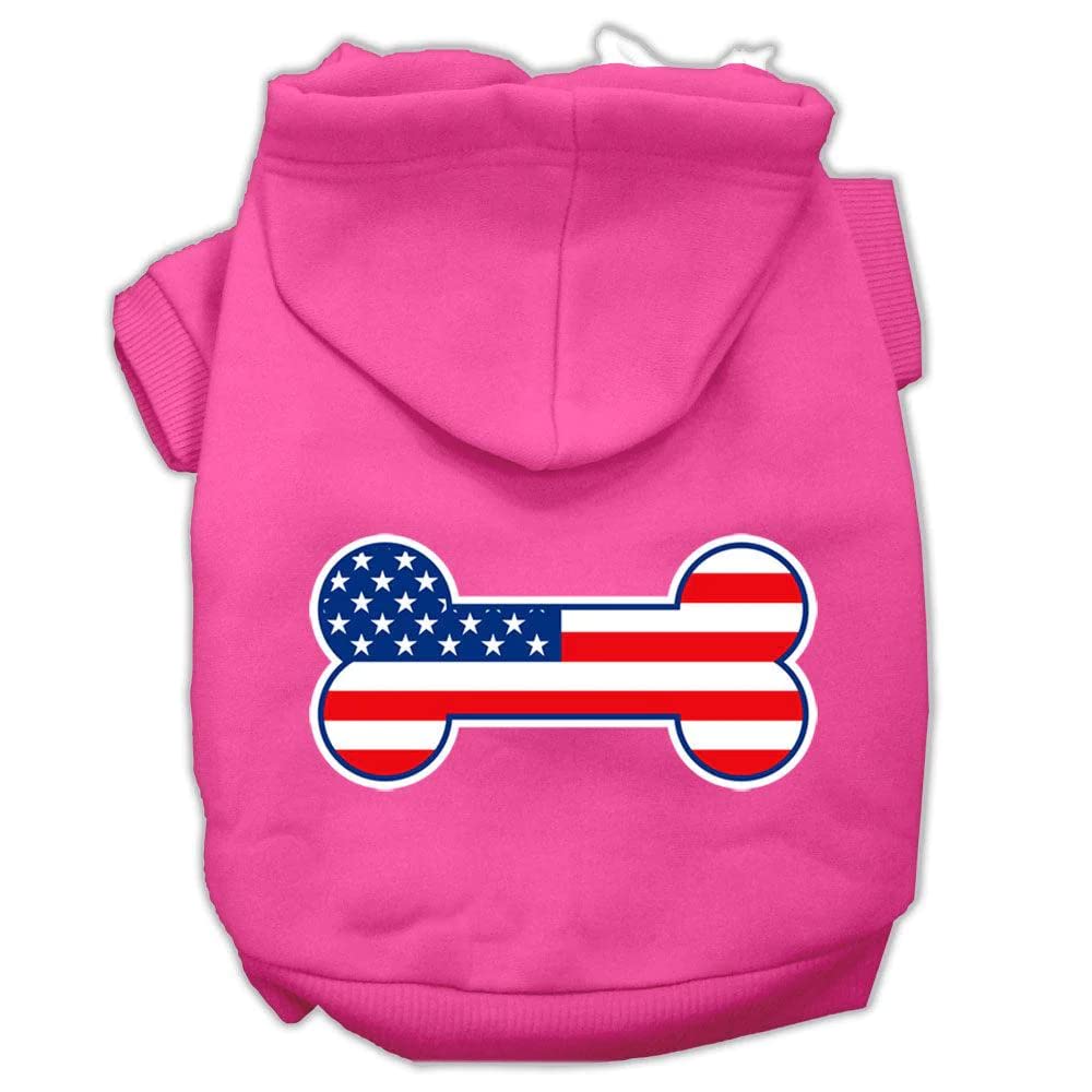 Pet Dog & Cat Hoodie Screen Printed, 'Bone Shaped American Flag' Bright Pink Lg (10-14 Lbs.)