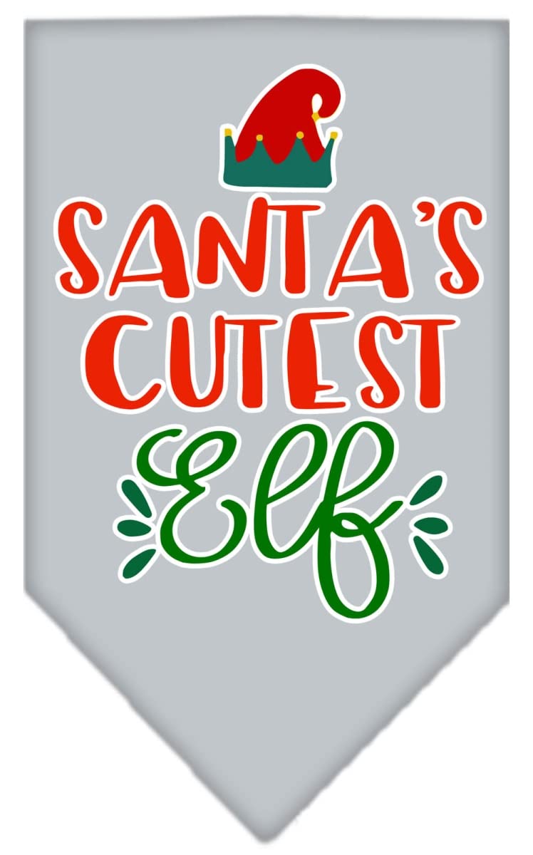 Christmas Pet and Dog Bandana Screen Printed, &quot;Santa's Cutest Elf&quot; Grey Small