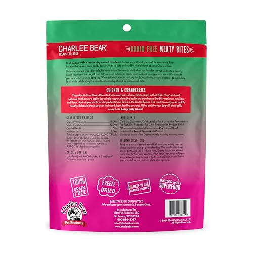 Charlee Bear Grain Free Meaty Bites Dog Treats, Chicken & Cranberries, 2.25 oz, High Protein Training Treats, Made in USA