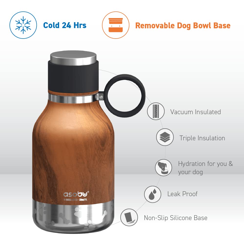Asobu Dog Bowl Attached To Stainless Steel Insulated Travel Bottle For Human 33 Ounce (Hard Wood)