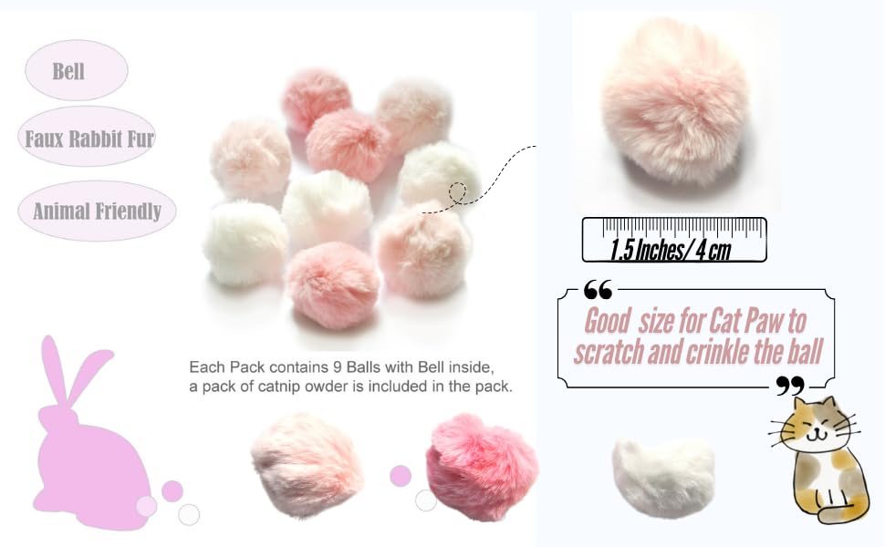 Ballmie Cat Toys Furry Ball With Bell For Cats Kitty Rabbit Tails (Pink (With Bell))