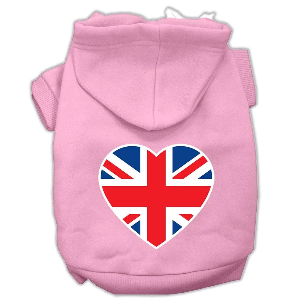 Pet Dog & Cat Hoodie Screen Printed, 'British Flag Heart' Light Pink Xs (0-3 Lbs.)