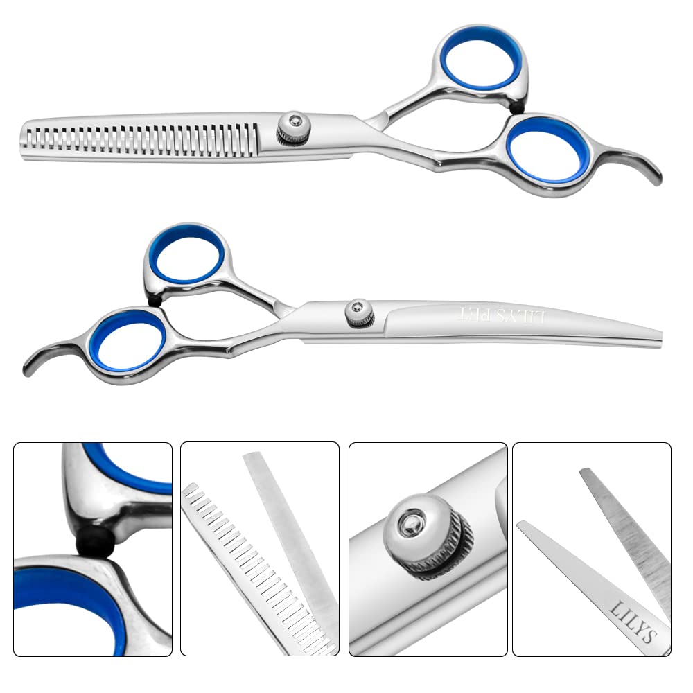Lilys Pet Professional Pet Dog Grooming Scissors Suit,Red Ring, Cutting&Curved&Thinning Shears (Blue Ring 7.0')