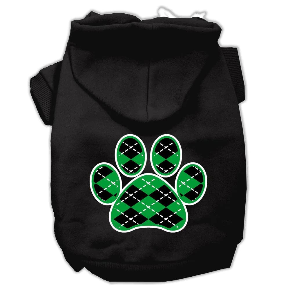 Pet Dog & Cat Hoodie Screen Printed, Green Argyle Paw Black SM (3-6 lbs.)