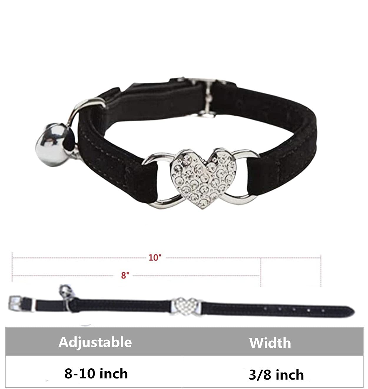 Wdpaws Heart Bling Cat Collar With Safety Belt And Bell Adjustable 8-10 Inches For Kitten Cats (Black)