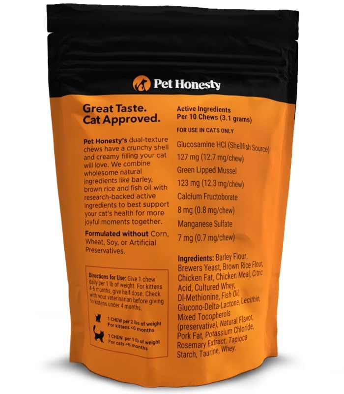 Pet Honesty Cat Hip & Joint Health Chews - Glucosamine For Cats, Cat Joint Support Supplement, Cat Health Supplies & Hip Support, Cat Vitamins For Indoor Cats & Outdoor Cats - Chicken (30-Day Supply)