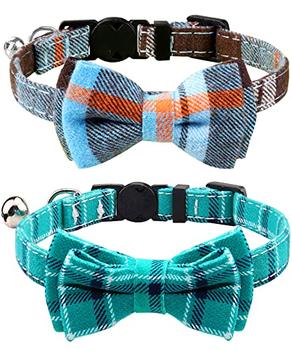Joytale Upgraded Cat Collar With Bells, Breakaway Cat Collars With Bow Tie, 2 Pack Girl Boy Safety Plaid Kitten Collars, Haze Bl