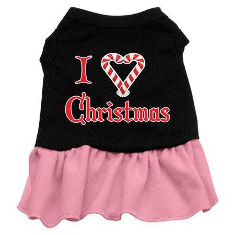 Christmas Pet Dog & Cat Dress Screen Printed, I Love Christmas Black W/Light Pink SM (3-6 lbs.)