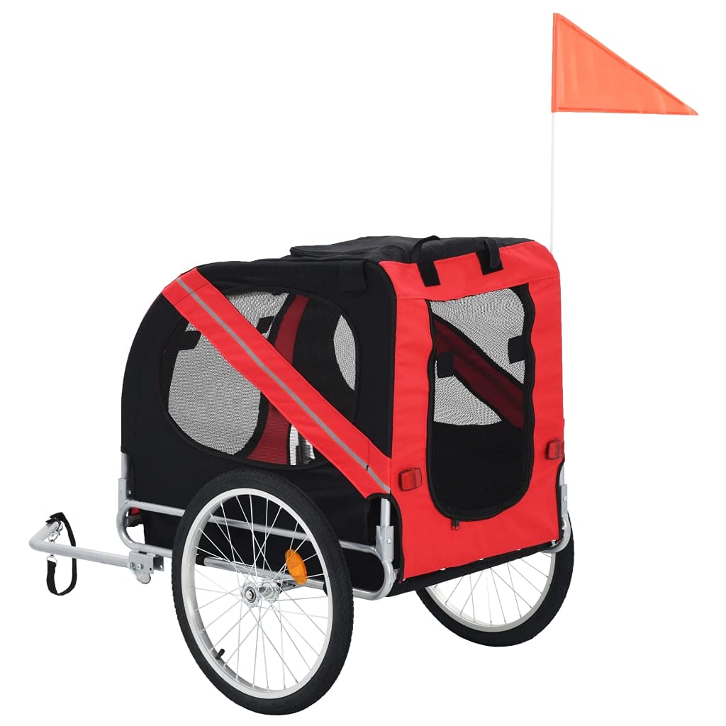 vidaXL Dog Bike Trailer in Red and Black - Water-Resistant Oxford Fabric Dog Bike Carrier with Reflectors and Quick-Release Hitch