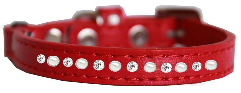 Premium Cat Safety Collar, Pearl & Clear Jewel - 12 - Red