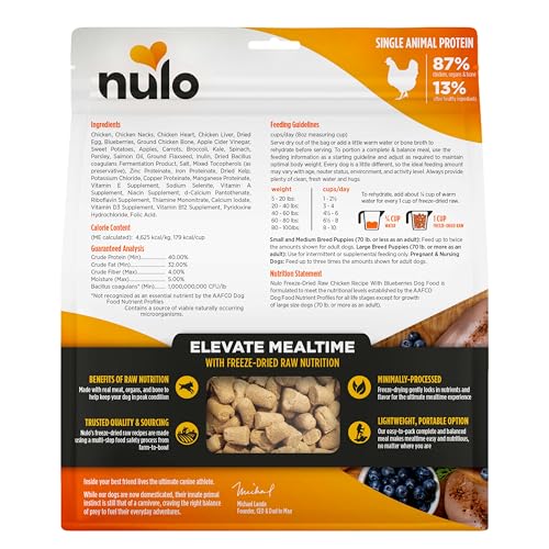 Nulo Freeze-Dried Raw Chicken Recipe with Blueberries Complete and Balanced Dry Dog Food Kibble, 18 Ounce Bag