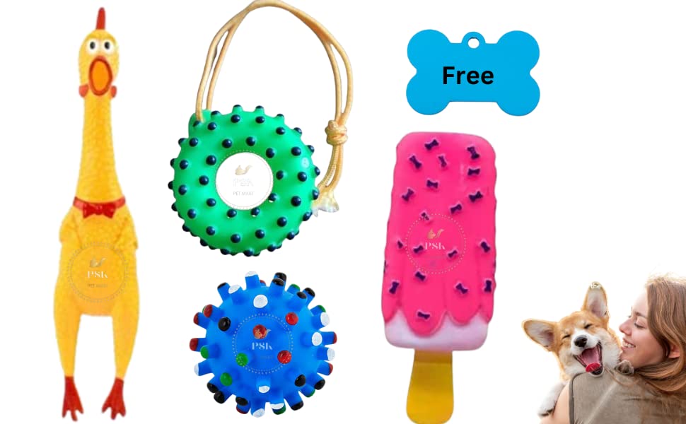 PSK PET MART Dogs Screaming Rubber Squeaky Small Chicken Toy+ Squeaky Ring Toys + Ice Cream + Corona Ball + Bone Shape Name tag 