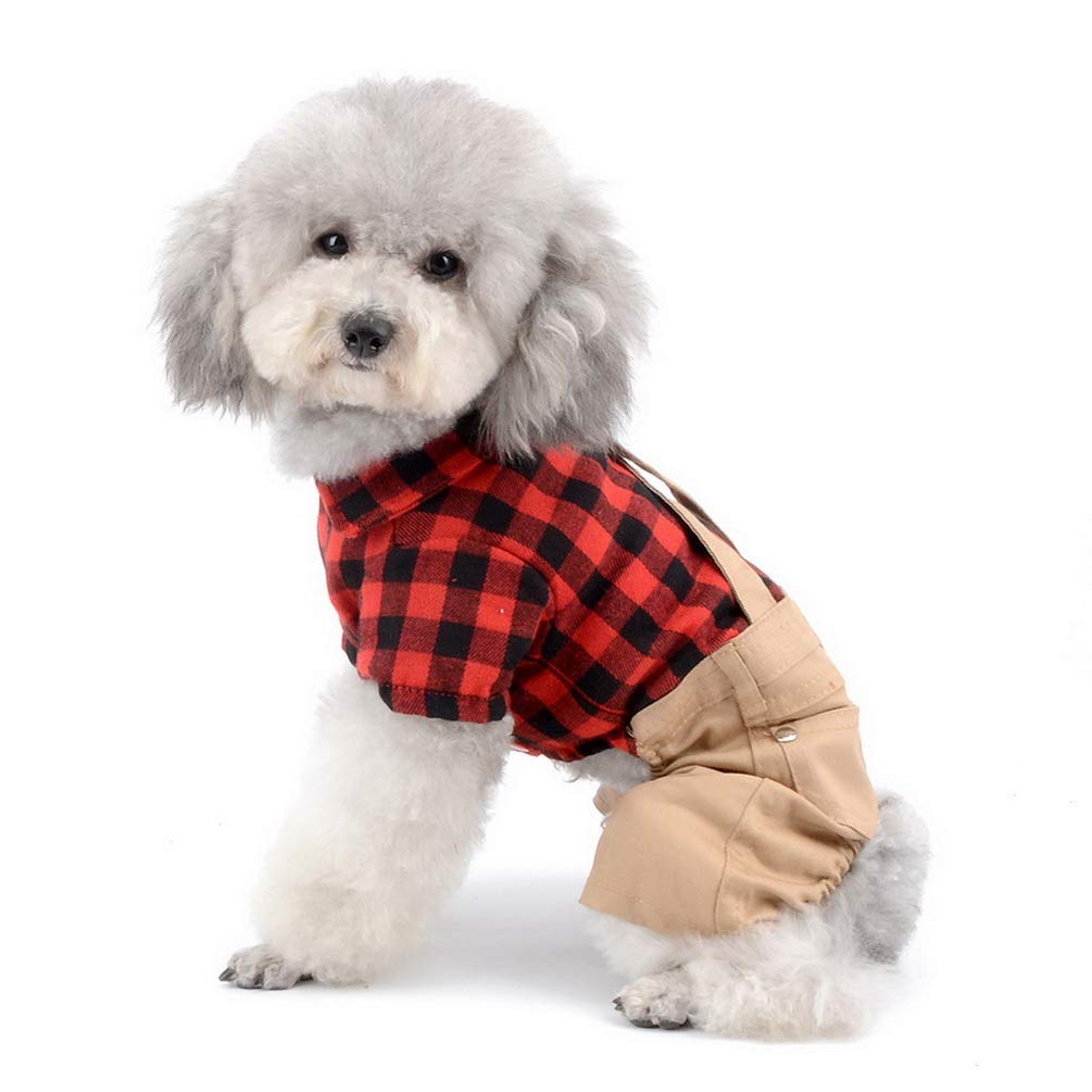 Smalllee_Lucky_Store Pet Clothes For Small Dog Cat Red Plaid Shirts Sweater With Khaki Overalls Pants Jumpsuit Outfits Xs