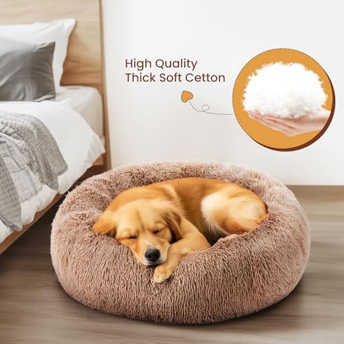 Dumos Calming Donut Cat & Dog Bed For Medium Dogs, Machine Washable Cuddle Warming Cozy Fluffy Faux Fur Plush Round Dog Bed, Ant