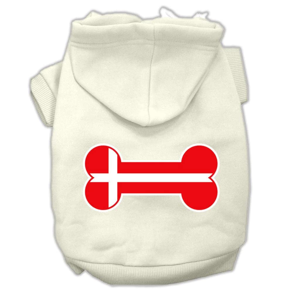 Pet, Dog & Cat Hoodie Screen Printed, 'Bone Shaped Denmark Flag' Cream Lg (10-14 Lbs.)