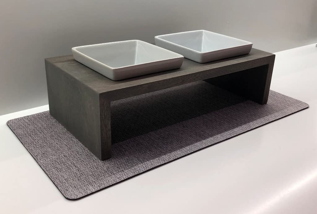 Bowsers Artisan Diner Double Dog Feeder - Handcrafted Rubberwood Frame With Square Ceramic Bowls Feeder For Dogs - Fossil, Extra Small, 12' X 6' X 2'