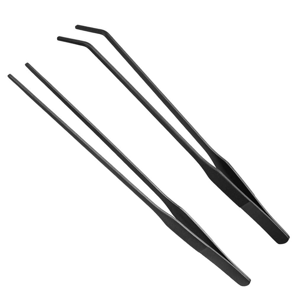 Wenplus 2Pcs Aquarium Tweezers Stainless Steel Straight And Curved Tweezers Set Long Handle Reptile Feeding Tongs For Aquatic Plants Lizards Spider Snakes Garden Repairing - 10.6Inch, Black