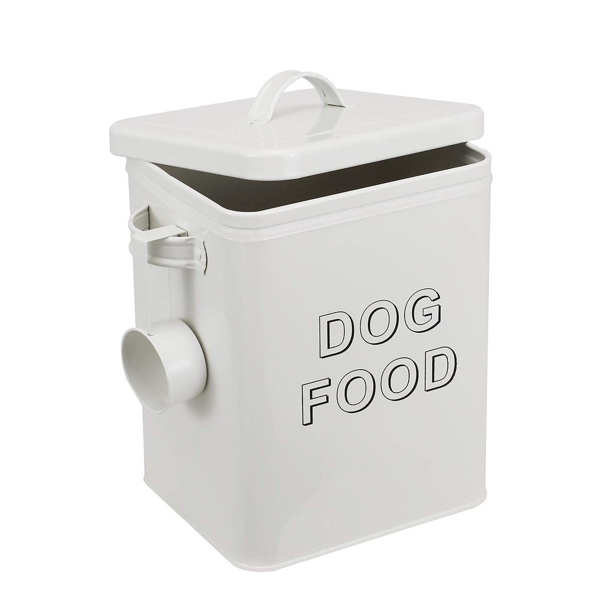 Pethiy Airtight Dog Treat Container Bin And Dog Food Storage Tin With Lid With Handle |4-5 Lbs Capacity | Serving Scoop Included -White