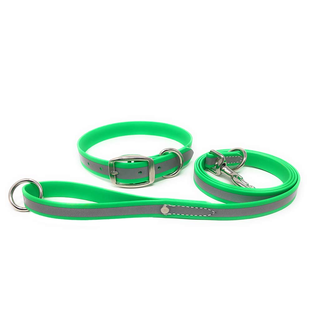 Regal Dog Products Large Lime Green Reflective Dog Collar And Leash Set - Waterproof Biothane Dog Collar With Heavy Duty Double 