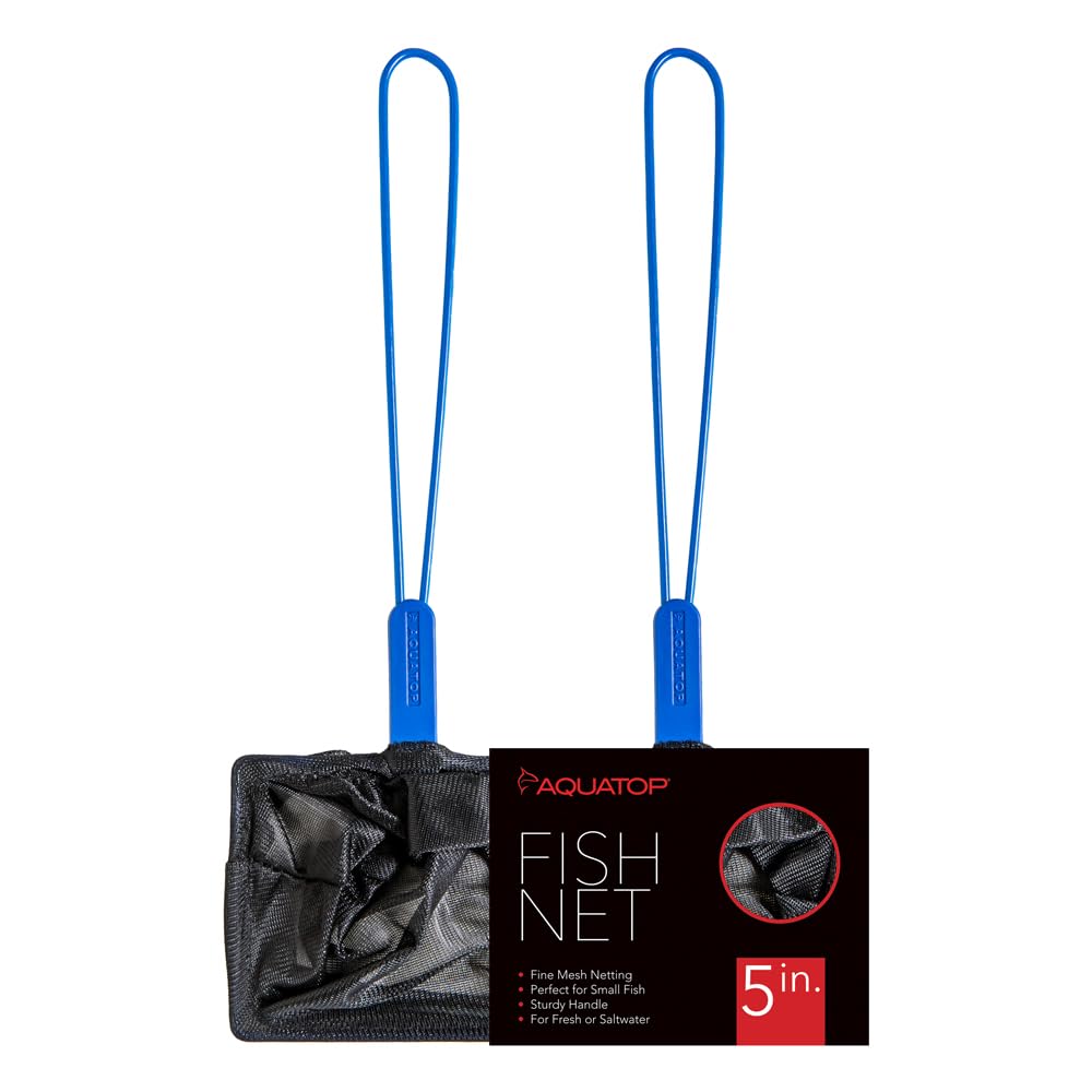 AquaTop 5-Inch Fine Mesh Aquarium Fish Net with 10-inch Blue Handle - Gentle, Safe, and Durable, Ideal for Freshwater and Saltwa